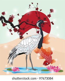 EPS 10 vector - oriental picture with crane and carp