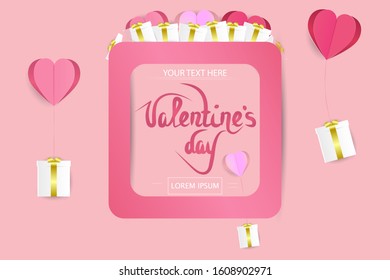 EPS 10 vector. Paper cut flying gift boxes and hearts. Valentines day concept.