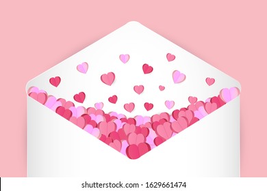 EPS 10 vector. Paper cut hearts flying from the envelope. Valentines day concept.