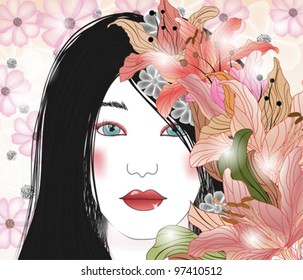 EPS 10 vector - portrait of a beautiful brunette with cosmos and lilies decorations