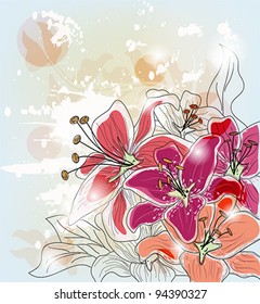 Eps 10 vector - postcard with hand drawn artistic lilies composition - layers separated -easily editable