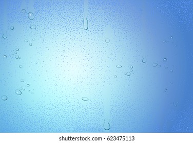 eps 10 vector pure water drops isolated on blue background. Realistic rain drops, dew on glass or window. Clear droplets set for web, print. Closeup illustration. Graphic clip art. Editable backdrop