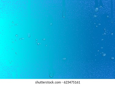 eps 10 vector pure water drops isolated on blue background. Realistic rain drops, dew on glass or window. Clear droplets set for web, print. Closeup illustration. Graphic clip art. Editable backdrop