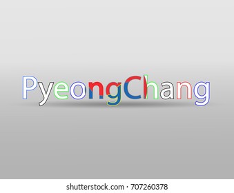 eps 10 vector Pyeongchang writing isolated on gray background. Winter sport games host city 2018. Editable and resizable illustration with letters in colors of Korean flag. Graphic clip art design