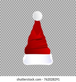 eps 10 vector red Santa hat isolated on transparent background. Editable object for holidays design. Happy New Year, Merry Christmas template. Mock-up for greeting card, discount banner, web, print