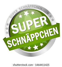EPS 10 vector with round colored button with banner and text great bargains (in german)