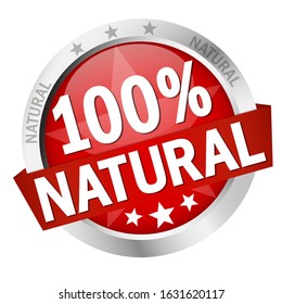 EPS 10 vector with round colored button with banner and text 100% natural