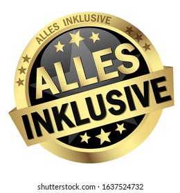 EPS 10 vector with round colored button with banner and text all inclusive (in german)