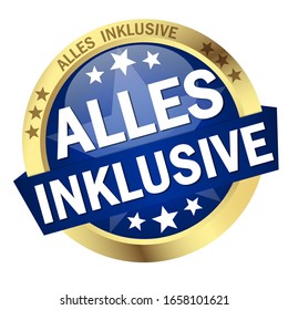 EPS 10 vector with round colored button with banner and text all inclusive (in german)