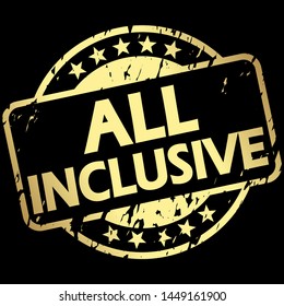 EPS 10 vector with round golden colored stamp with banner and text all inclusive
