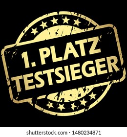 EPS 10 vector with round golden colored grunge stamp with banner and text 1st place - test winner (in german)