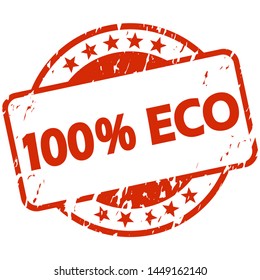 EPS 10 vector with round red colored grunge stamp with banner and text 100% Eco