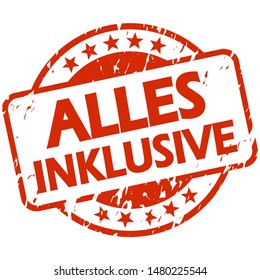 EPS 10 vector with round red colored stamp with banner and text all inclusive (in german)