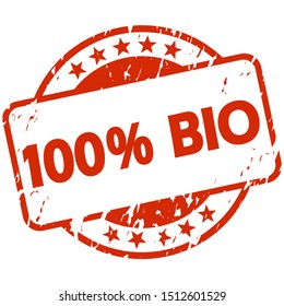EPS 10 vector with round red colored grunge stamp with banner and text 100% organic (in german)