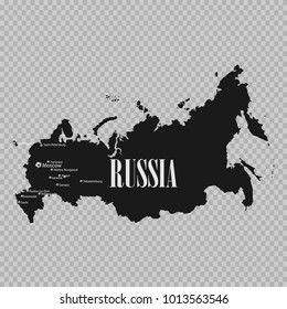 eps 10 vector Russia map isolated on transparent background. Russian Federation country border contour with biggest cities landmarks. Russia world football sport event web, print. Welcome to Russia