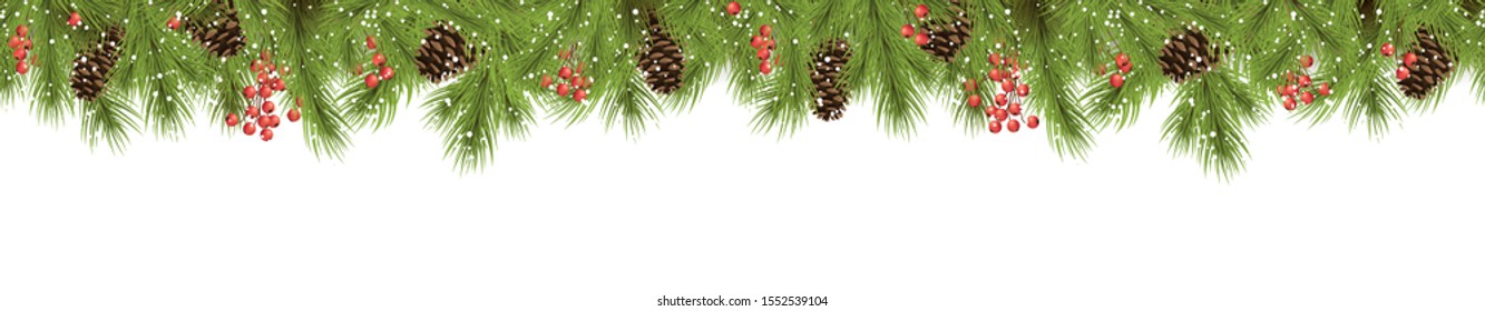 EPS 10 vector seamless background concept with fir branches and cones, golden star garlands and fall of snow