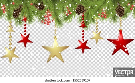 EPS 10 vector seamless background concept with fir branches and bones, hanging red and golden christmas stars and falling snow flakes with transparency in vector file