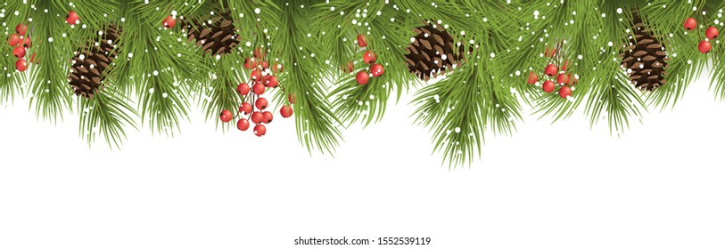 EPS 10 vector seamless background concept with fir branches, cones and white backdrop for christmas time
