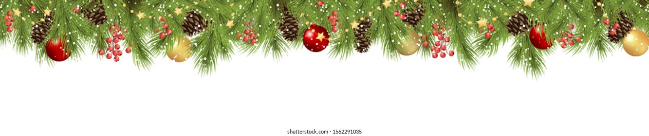 EPS 10 vector seamless background concept with fir branches and cones, golden star garlands and hanging red, golden and green christmas baubles and fall of snow