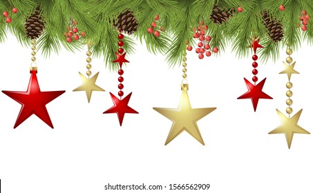 EPS 10 vector seamless background concept with fir branches and bones and hanging red and golden christmas stars