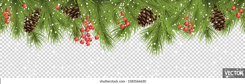 EPS 10 vector seamless background concept with fir branches, cones and white snow flakes for christmas time with transparency in vector file