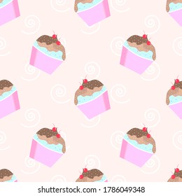 EPS 10 vector. Seamless pattern with cute chocolate cupcake. Trendy print with dessert.