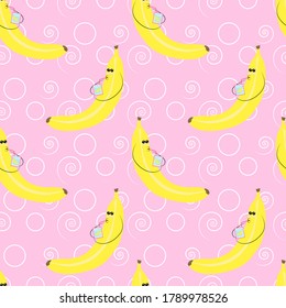 EPS 10 vector. Seamless pattern with cute kawaii yellow banana drinking banana milk.