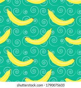 EPS 10 vector. Seamless pattern with cute yellow banana on green background.