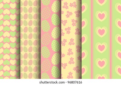 EPS 10 vector set of 5 seamless Easter patterns. Each pattern is on a separate layer for easy editing. The drop shadows are on separate layers too, so they are easy to remove.