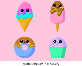 EPS 10 vector. A set of kawaii ice creams, donut and cupcake.
