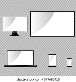 eps 10 vector set of realistic electronic gadgets isolated on transparent background. Lcd touch screen devices, front side. Graphic design mock up. Editable template with blank screens for web, print