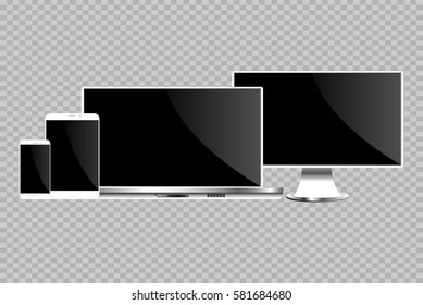 eps 10 vector set of realistic electronic gadgets isolated on transparent background. Lcd touch screen devices, front side. Graphic design mock up. Editable template with blank screens for web, print