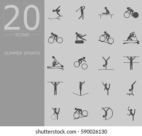 eps 10 vector set of summer sport icons. Silhouette sport signs collection. Indoor and outdoor activities, single and team sport included. Graphic illustration clip art for design, mobile, web, print