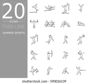 eps 10 vector set of summer sport icons. Thin line sport signs collection. Indoor and outdoor activities, single and team sport included. Graphic illustration clip art for design, mobile, web, print