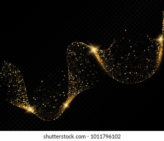 Eps 10 vector shiny golden glitter dust abstract wave isolated on dark transparent background