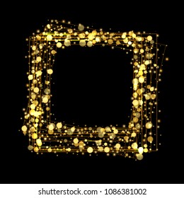 Eps 10 vector shiny golden square frame with sparkles and yellow bokeh. Rectangular banner decorative element design