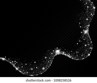 Eps 10 vector shiny sparkling silver holographic glitters abstract wave isolated on dark transparent background