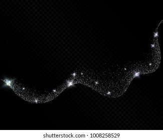 Eps 10 vector shiny sparkling silver holographic glitters abstract wave isolated on dark transparent background
