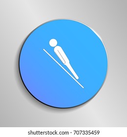 eps 10 vector Ski Jumping sport icon. Winter activity pictogram for web, print, mobile. White athlete sign isolated on blue button. Hand drawn competition symbol. Graphic design clip art illustration