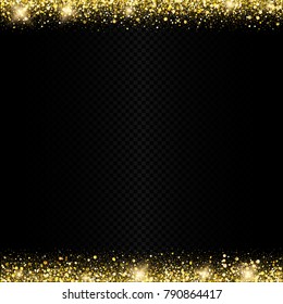 Eps 10 vector sparkling confetti. Shiny golden glitters texture border on dark transparent  background