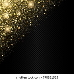 Eps 10 vector sparkling golden confetti corner. Gold glitters border on dark transparent background  