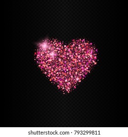 Eps 10 vector sparkling pink glitter heart Valentine's day decoration isolated on dark transparent background