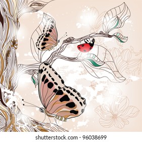 EPS 10 vector - springtime scene with ladybug and butterflies