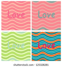 Eps 10 vector striped wavy seamless patterns set with the "Love"  inscription for your Valentine design.