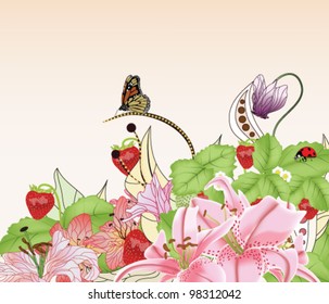 EPS 10 vector - summer background with strawberries, different kinds of flowers and space for text