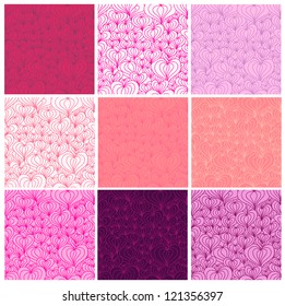 Eps 10 vector valentine seamless pattern set with stylized artistic hand drawn hearts. Pink, rosy, lilac and violet tints