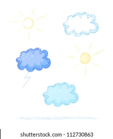 Eps 10 vector weather sketch illustrations. Clouds, lightning, sun, storm cloud. Contains stroke sample (lowest element)