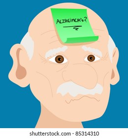 EPS 10:Memory loss or mental illness concept: cartoon of senior man with sad face and pink sticky note with alzheimer's and question mark handwritten placed on forehead