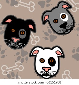 EPS 10:Seamless pattern of cute and fun graphic cartoon dogs, boxer, terrier or pit bull style, with bones and paw prints on beige brown background.