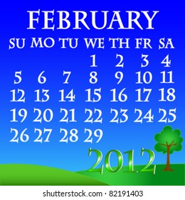 EPS 10:Simple and beautiful sky with grass and tree landscape background with month of February 2012 calendar.